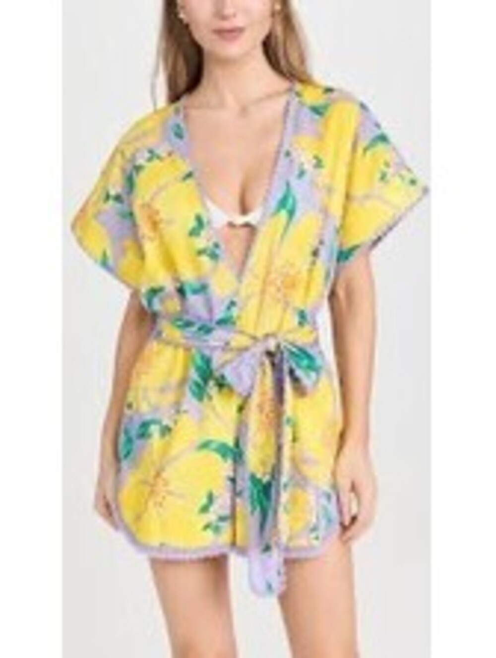 FARM Rio Pietra Floral Romper Lilac Yellow V-Neck Crochet Trim Size Small